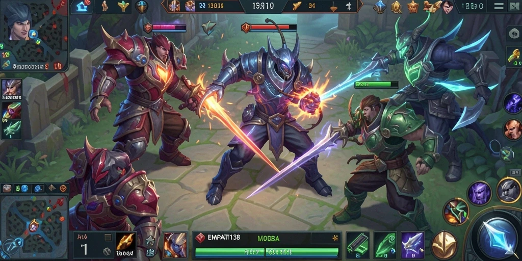 Tangkapan layar gameplay EMPATI138 menampilkan pertarungan seru antara hero di arena.