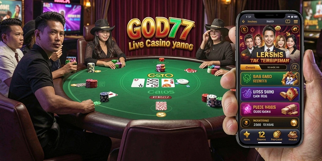 Screenshot gameplay GOD77 menampilkan dealer live dan suasana kasino yang nyata.